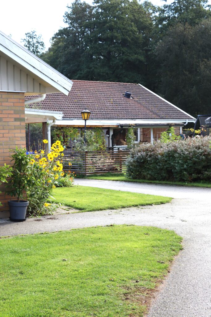 Fastighet i Ludvigsborg med trädgård, staket och gula blommor.